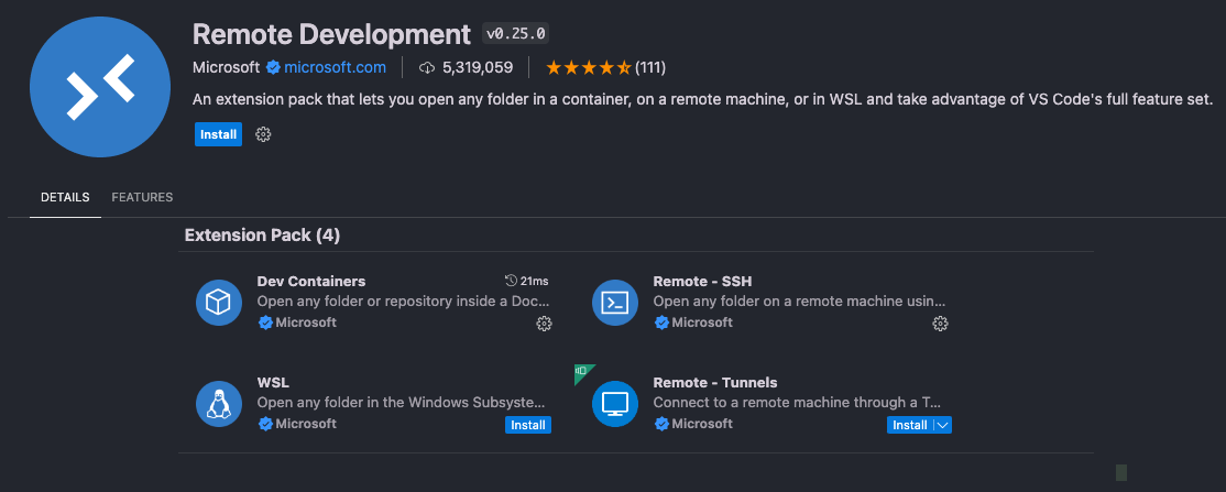imagem do vscode na guia de extensões com o pacote de extensões de desenvolvimento remoto